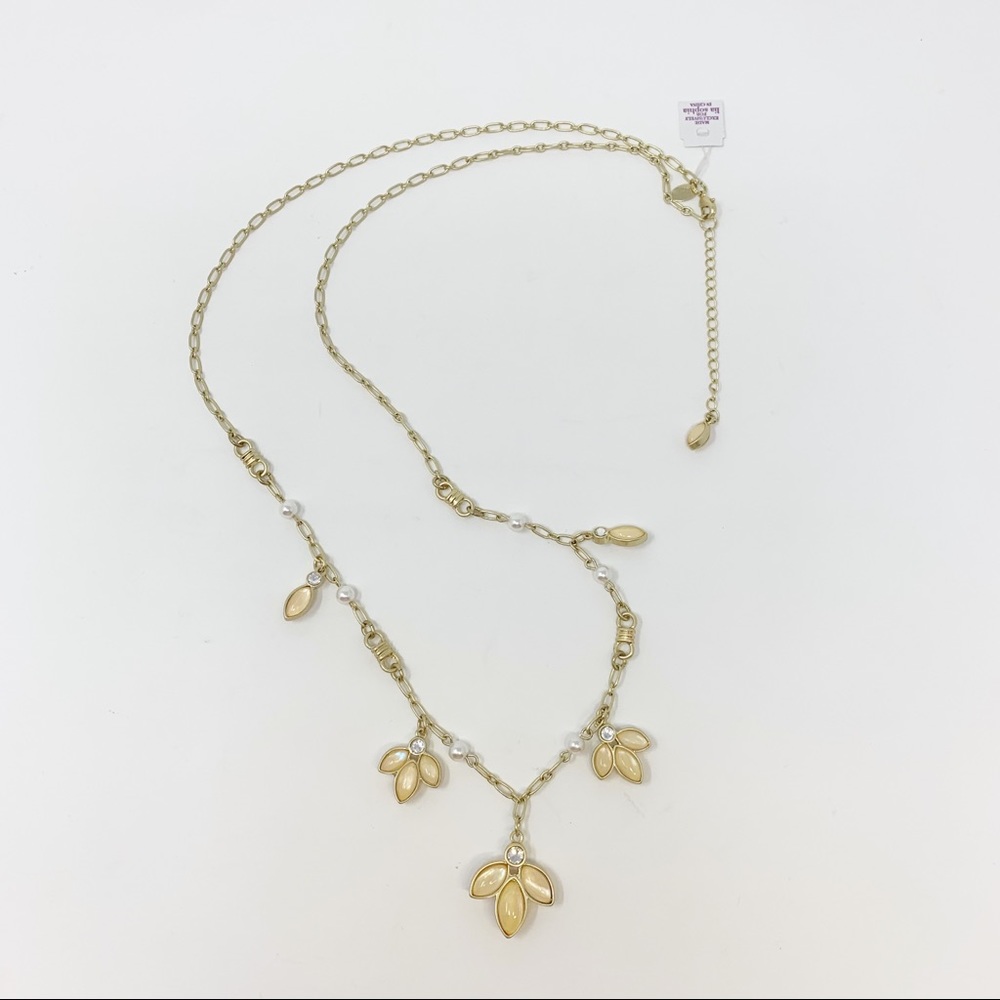 Lia Sophia Gold Tone Flower Drop Necklace Pearl Accents Long Chain Sophisticated - Picture 4 of 5
